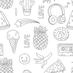 Seamless pattern with pineapple, ice cream, donut, headphones and other items.
