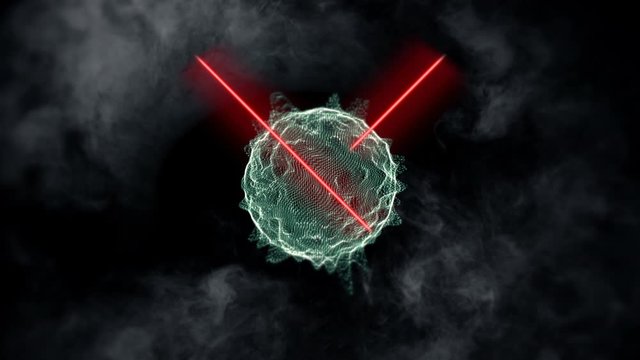 Unexpected outbreak of deadly virus. Green dreadful virus cell appearing on dark smoky backhground and crossing with red lase cross.