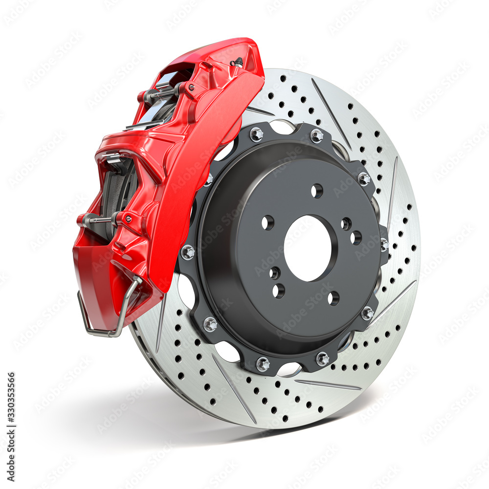 Wall mural Braking system. Car brake disk with caliper isolated on white background.