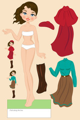 Paper doll with a dress and a coat to be collected or cut out for girls