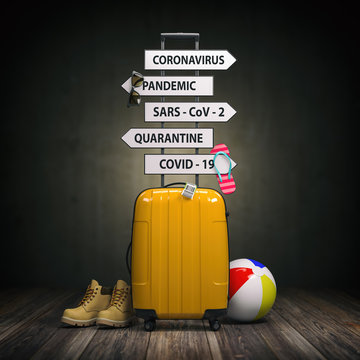 Coronavirus crisis in travel and tourism industry concept.  Suitcase and arrows with  travel directions closed due to pandemic.