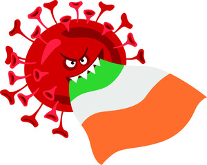 Coronavirus Ireland. COVID-19, vector illustration strain and Irish flag. World coronavirus pandemic in 2020. Coronavirus concept in Ireland
