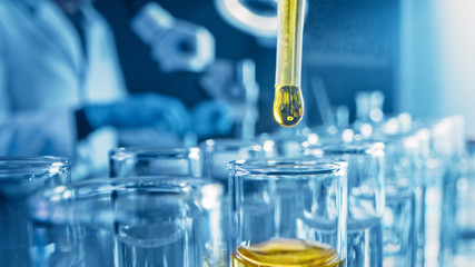 Pharmaceutics Laboratory: Pipette Dropping Yellow Liquid into Test Tubes, Medical Research, Analysis. Scientific Lab; Dropper Fills Sample Tubes with Innovative DNA Study Solution. Close-up Macro