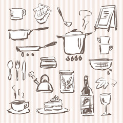 メニューやレシピなどで使えるキッチンツール・雑貨、調理器具の手描きイラスト