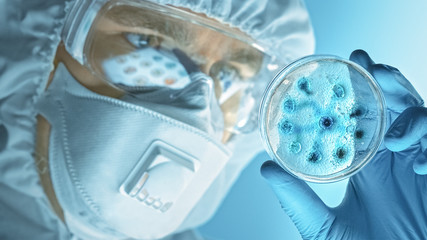 Scientist Wearing Respirator Mask, Coverall and Safety Glasses Looks at Petri Dishes with Bacteria,...