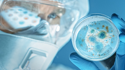 Fototapeta na wymiar Scientist Wearing Respirator Mask, Coverall and Safety Glasses Looks at Petri Dishes with Bacteria, Tissue and Blood Samples. Medical Research Laboratory Curing Epidemic Diseases. Close-up Macro