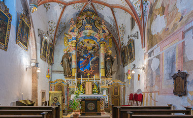 Obraz premium Sanctuary of San Romedio. Non Valley, Trento province, Trentino Alto-Adige, Italy, Europe. Interior of the Sanctuary. Sanzeno, Trento, Trentino Alto Adige, northern Italy - august 23, 2019.