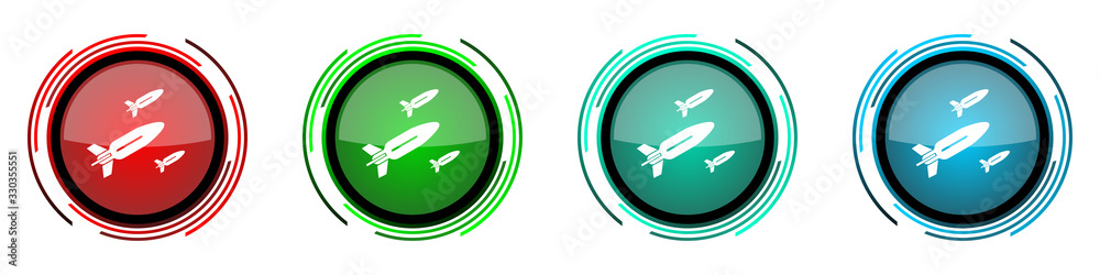 Poster missile round glossy vector icons, rocket, weapon, war set of buttons for webdesign, internet and mo