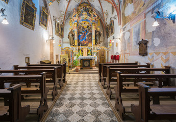 Sanctuary of San Romedio. Non Valley, Trento province, Trentino Alto-Adige, Italy, Europe. Interior of the Sanctuary. Sanzeno, Trento, Trentino Alto Adige, northern Italy - august 23, 2019.