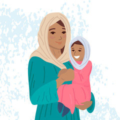 Muslim mother is holding her child in arms. Vector cartoon illustration