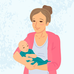 Mother is holding her newborn child in arms. Vector cartoon illustration