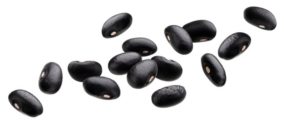 Falling black beans isolated on white background - obrazy, fototapety, plakaty