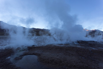 View of geyser el tatio at early morning