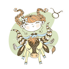 Zodiac sign Taurus. Funny children's horoscope in Doodle style. Vector.