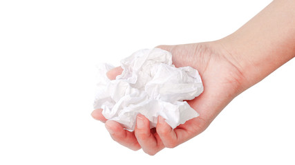 Used tissue paper with a woman's hand isolated on a white background