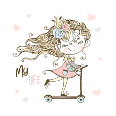 A little cute girl rides a scooter. Vector.