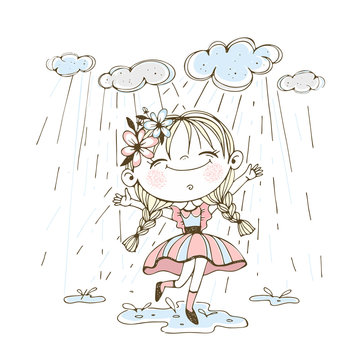 A little cute girl runs merrily through puddles in the rain. Vector.