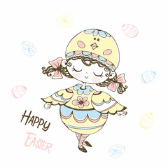 Cute little girl in an Easter chicken costume. happy Easter. Vector.
