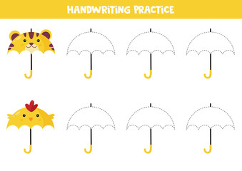 Educational worksheet for preschool kids. Handwriting practice. Trace umbrellas.
