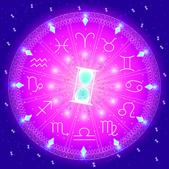 Horoscope, Astrological signs, Magic spell ring, hourglass - Predict the future, Look into the past, Unlock your creativity. vector art and illustration.