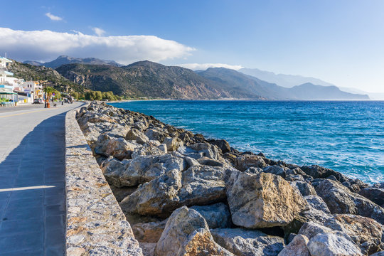 The city of Palaiochora, Paleochora in Crete, Greece, in its beauty with the Crocodile rock behind it