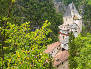 Sanctuary of San Romedio dedicated to Saint Romedius situated on a steep rocky spur in the natural...