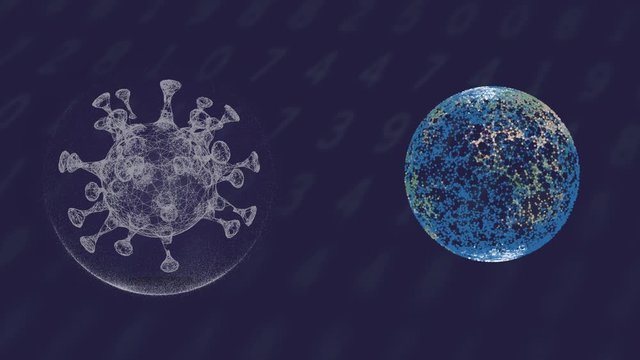 3d rendered antibody fighting an alien virus cell over dark data background.