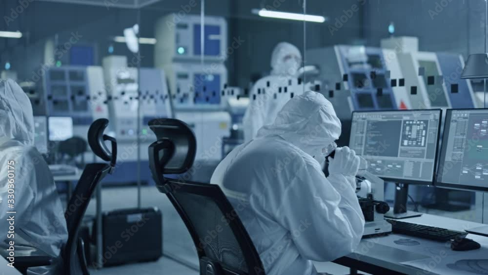 Aufkleber Research Factory Cleanroom: Team of Engineers and Scientists in Coveralls Work on Computers, Use Microscope to Inspect Motherboard Microprocessor, Developing Electronics for Medical Electronics