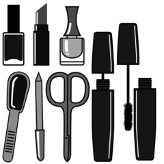 set of vector illustrations in monochrome gray, lipstick, nail polish, mascara, all for female beauty, isolate on a white background
