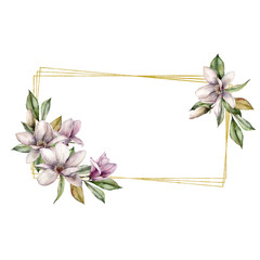 Obraz premium Watercolor golden frame with magnolia. Hand painted holiday bouquet with flowers and leaves isolated on white background. Floral spring illustration for design, print, fabric or background.
