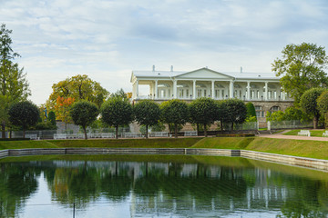 Fototapeta na wymiar Small pond. Autumn Park in Pushkin. Saint-Petersburg. Morning.