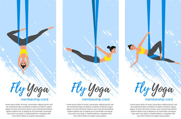 Beautiful girl wearing sportswear doing fly yoga stretching exercises. Anti-gravity relaxing and practices aerial yoga flyers set. Sport healthy lifestyle and fitness training vector illustration.