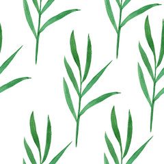 Watercolor seamless pattern with green palm leaves on white. Background with hand drawn leaves.