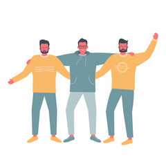 Friends are standing and hugging. Young men in casual wear are standing together. International Friendship Day concept. Vector illustration in flat funky design