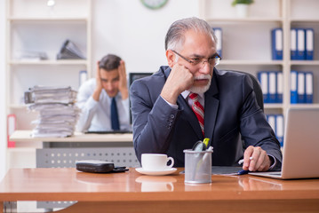 Old boss and young male employee in the office