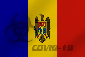 3D ILLUSTRATION VIRUS, BIOHAZARD SYMBOL CORONAVIRUS WITH Moldova FLAG, Flu coronavirus floating, micro view, pandemic virus infection, asian flu.
