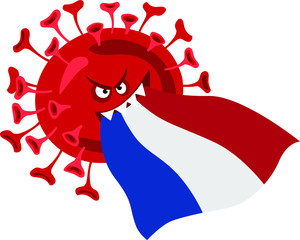 Coronavirus Netherlands. COVID-19, vector illustration strain and Dutch flag. World coronavirus pandemic in 2020. Coronavirus concept in the Netherlands