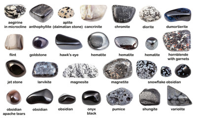 set of various dark gemstones with names isolated