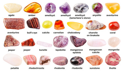 set of various gemstones with names isolated