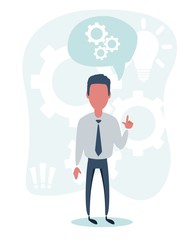 Businessman with hand up full length view. Vector flat design illustration.