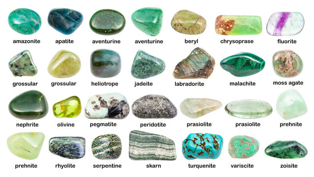 collage of various green gemstones with names