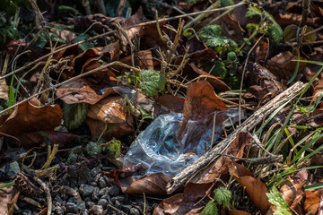 Plastic waste thrown away in the middle of nature