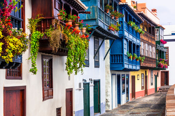Beautiful colorful floral streets with traditional balconies of Santa Cruz de la Palma - capital of...