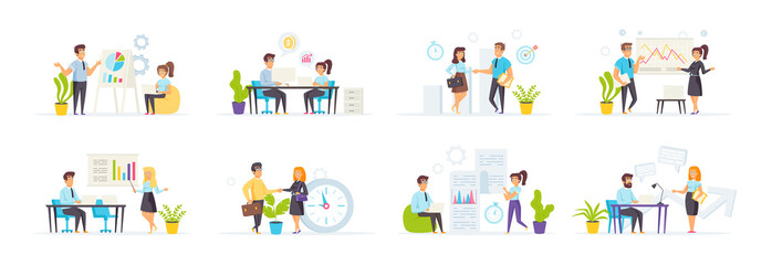 Business meeting set with people characters in various scenes and situations. Business presentation with diagrams, strategy planning. Bundle of office workers cooperation and discussion in flat style.