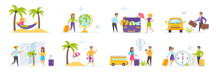 Summer holidays set with people characters in various situations. Tourists traveling with baggage, family couple of journeys, preparation and choice of tour. Bundle of tropical vacation in flat style.