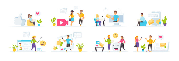 Social media set with people characters in various situations. People sending posts, emails, photos and sharing video content in social media. Bundle of blogging and online communication in flat style