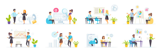 Marketing strategy set with people characters in various scenes. Business analyst presenting marketing research, manager works with analytics. Bundle of business analysis and planning in flat style.