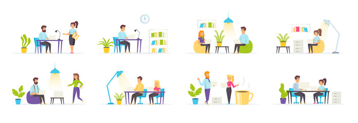 Coworking space set with people characters in various scenes and situations. Young male and female freelancers sitting at computers in co-working area. Bundle of shared work space in flat style.