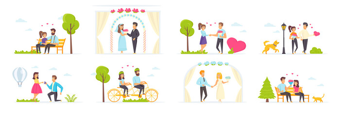 Couple in love set with people characters in various situations. Romantic couple having fun at date, man proposing woman to marry him, wedding ceremony. Bundle of happy valentines day in flat style.