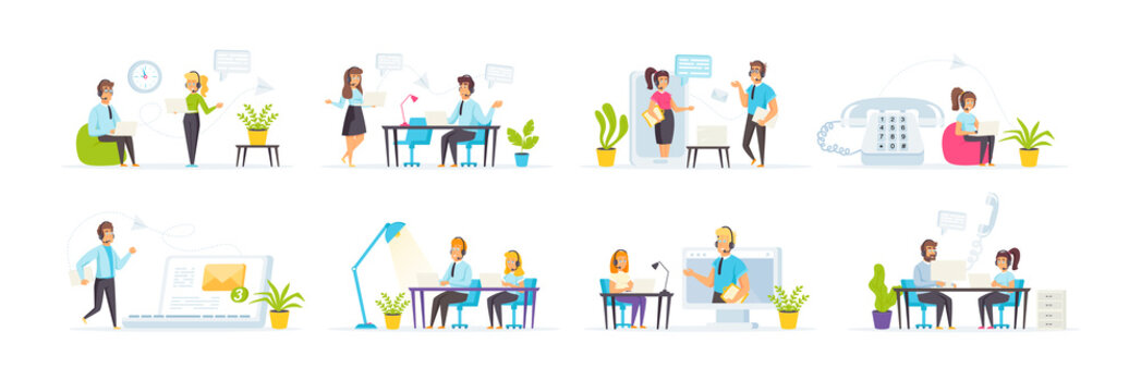 Call center with people characters in various scenes. Consultant in phone headset works in office. Bundle of online customer support in flat style. Personal assist and hotline operator communication.